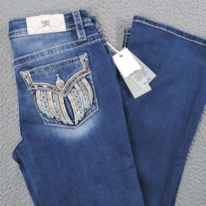 Miss Me Jeans Womens 29x34 Blue Mid-Rise Bootcut Embroidered Rhinestone Pockets
